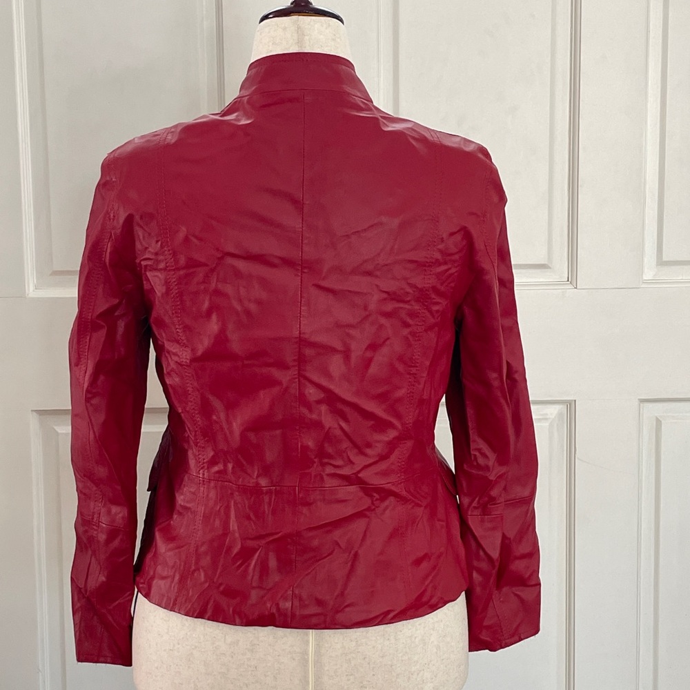 Escada Red Leather Blazer with Ruffle Detail - Picture 2 of 7